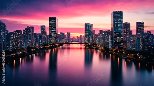 Wallpaper Mural Vibrant city skyline at sunset over a tranquil river with glowing reflections and lights Torontodigital.ca
