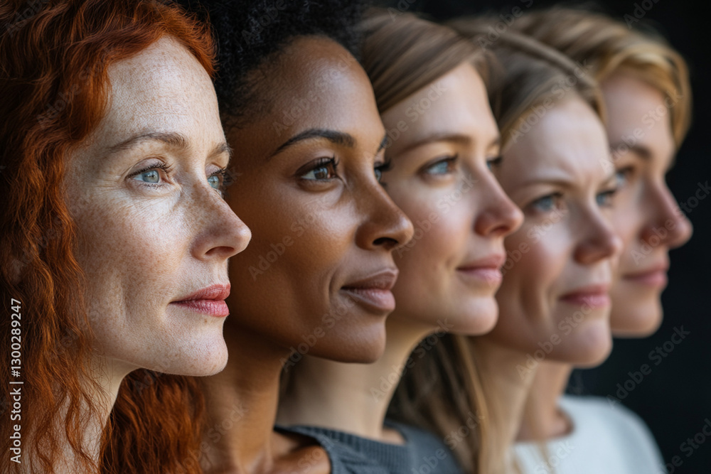 Group of women with different skin complexions and different ages standing side-by-sode together with pleasant facial expressions Group of women with different skin complexions and different ages standing side-by-sode together with pleasant facial expressions