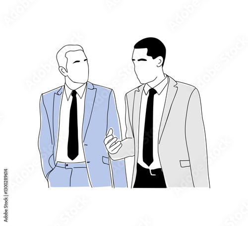 Two business men talking, discussing, working together. Business concept scene. Modern vector simple outline style illustration for graphic and web design. Isolated