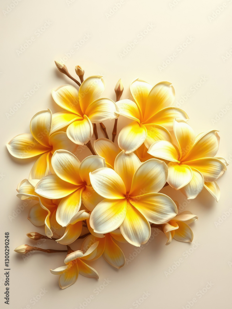 Fototapeta premium Dried yellow and white frangipani flower plumeria as a natural decoration, handmade, bohemian, DIY