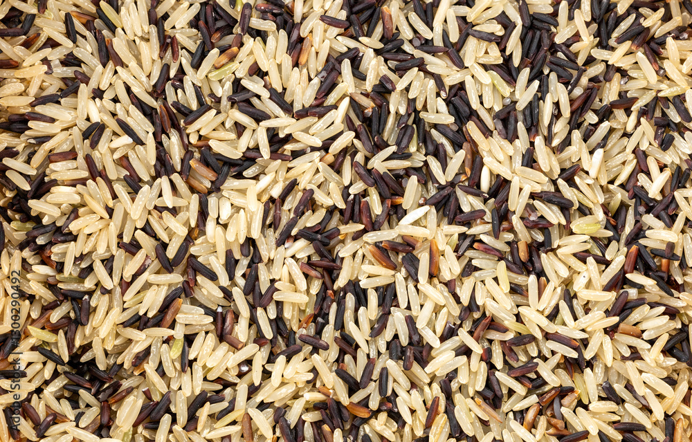 Close-up of uncooked brown rice mixed with healthy riceberry for use as a background. Close-up of uncooked brown rice mixed with healthy riceberry for use as a background.