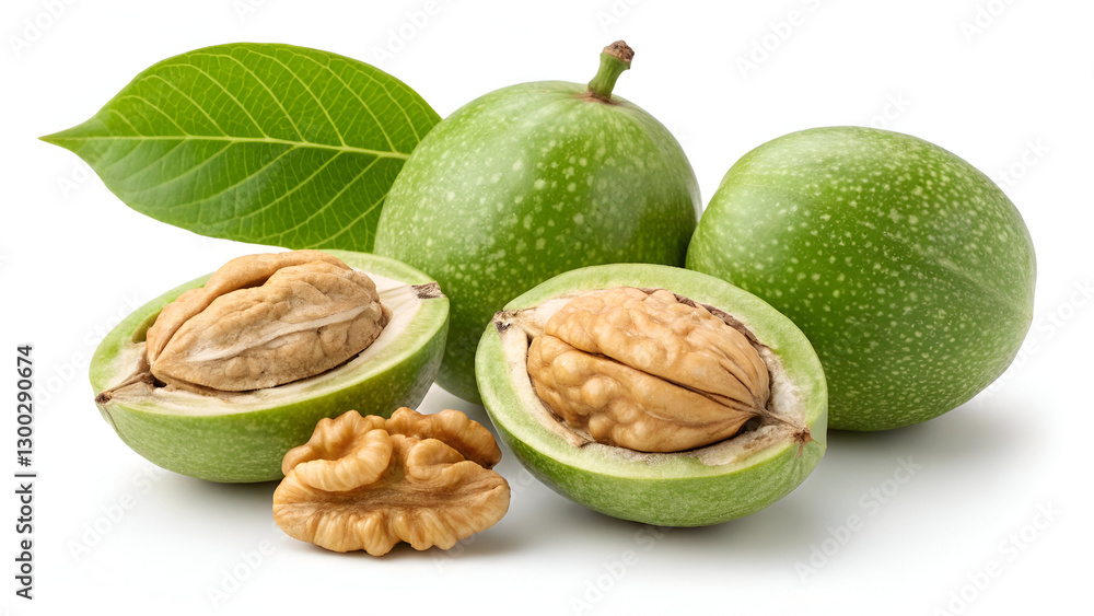 A fresh set of green walnuts, isolated on a clean white background, highlighting their smooth texture and natural color. A fresh set of green walnuts, isolated on a clean white background, highlighting their smooth texture and natural color.