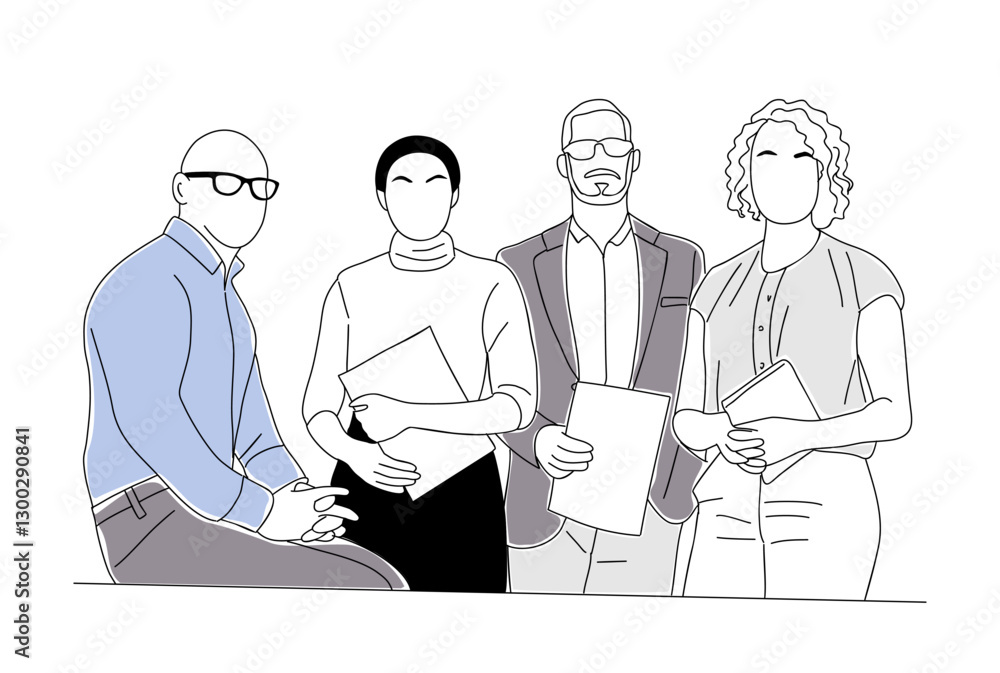 Team work business concept illustration. Different men and women working together. Modern vector simple outline style for graphic and web design. Isolated Team work business concept illustration. Different men and women working together. Modern vector simple outline style for graphic and web design. Isolated