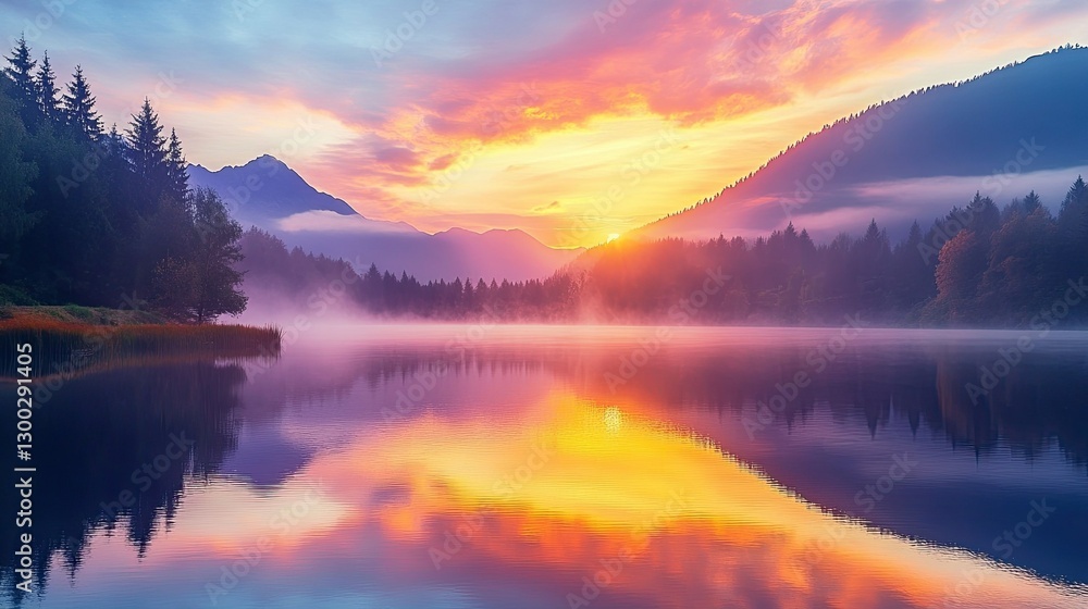 A serene landscape at sunrise, with a calm lake reflecting the colorful sky and misty mountains in the background. A serene landscape at sunrise, with a calm lake reflecting the colorful sky and misty mountains in the background.