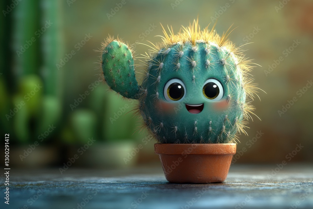 Cute cartoon cactus with smiling face in a pot surrounded by greenery indoors Cute cartoon cactus with smiling face in a pot surrounded by greenery indoors
