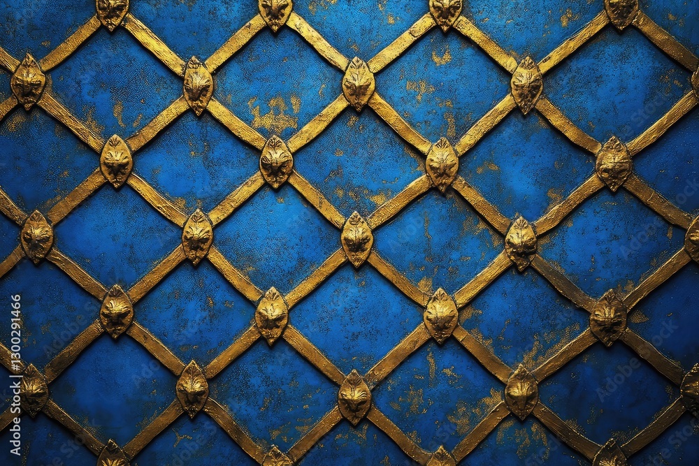 Ornate blue and gold patterned wall featuring intricate designs, suitable for architectural or decor use Ornate blue and gold patterned wall featuring intricate designs, suitable for architectural or decor use