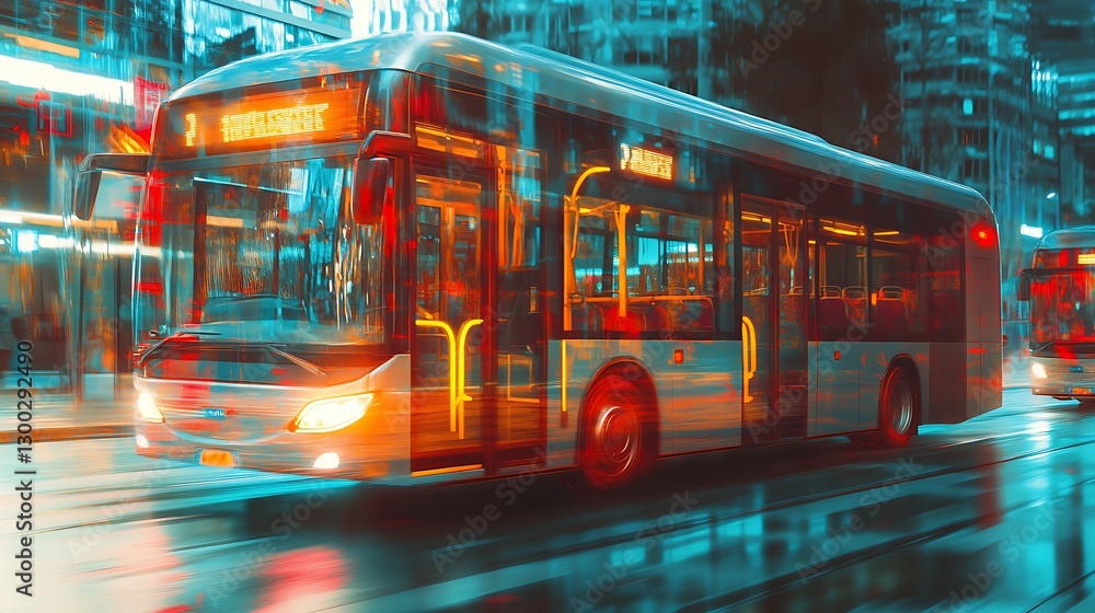 Moving City Bus in Motion at Night with Urban Reflections Moving City Bus in Motion at Night with Urban Reflections