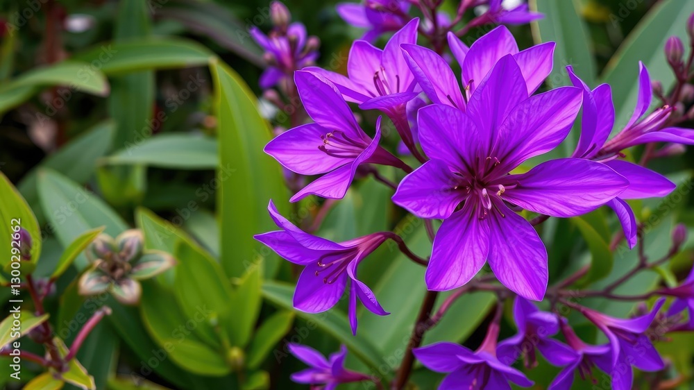 Obraz premium exotic purple flower blooms surrounded by vibrant leaves and stems, plant life, botanical photography, botanical