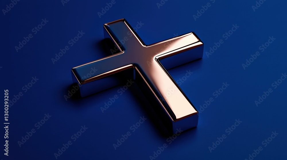 Fototapeta premium Gleaming Christian Cross Against a Deep Blue Backdrop Radiating Hope and Belief with a Metallic Sheen