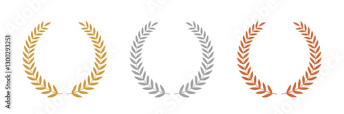Gold, silver, bronze laurel wreaths. Winner medal award set vector illustration. Victory symbol, triumph emblem, champion prize isolated on transparent background.