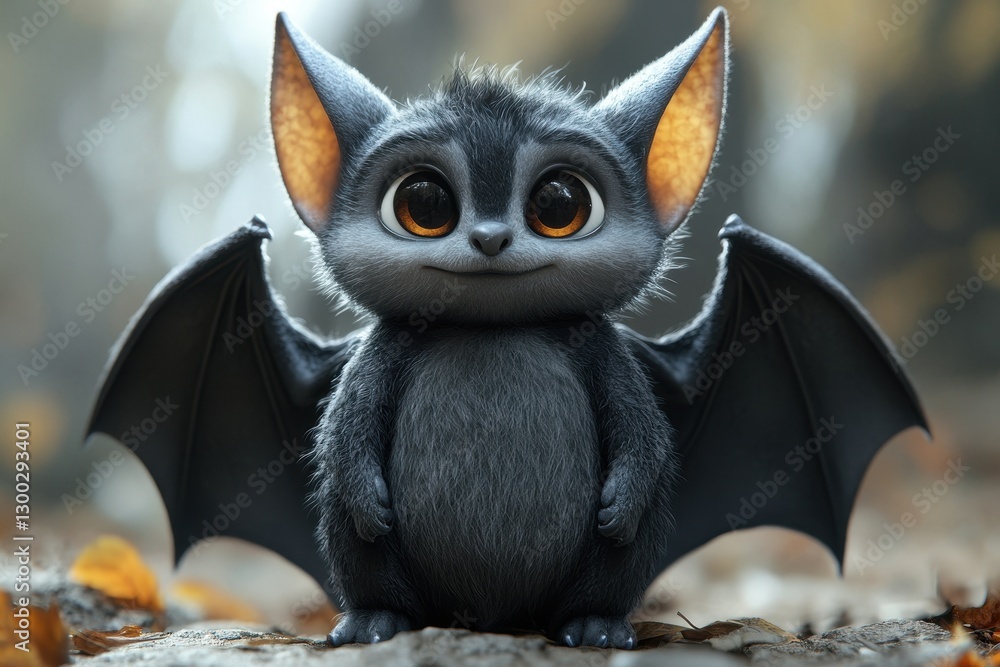 Fototapeta premium Cute cartoon bat with big eyes and fluffy fur standing among fallen leaves in a serene forest setting
