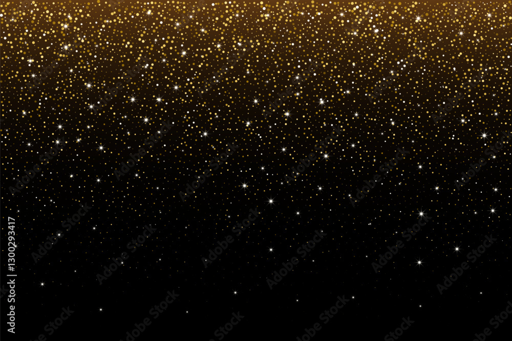 Golden glitter confetti background. Rain from gold sparkling stardust and particles on black background. Festive holiday shiny luxury poster, banner, backdrop. Vector illustration. Golden glitter confetti background. Rain from gold sparkling stardust and particles on black background. Festive holiday shiny luxury poster, banner, backdrop. Vector illustration.