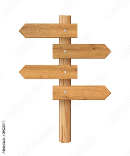 3d wooden signboard vector illustration. Realistic wood sign post. Blank arrow with wood texture, plywood road pointer. City guidance.