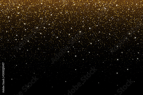 Golden glitter confetti background. Rain from gold sparkling stardust and particles on black background. Festive holiday shiny luxury poster, banner, backdrop. Vector illustration.