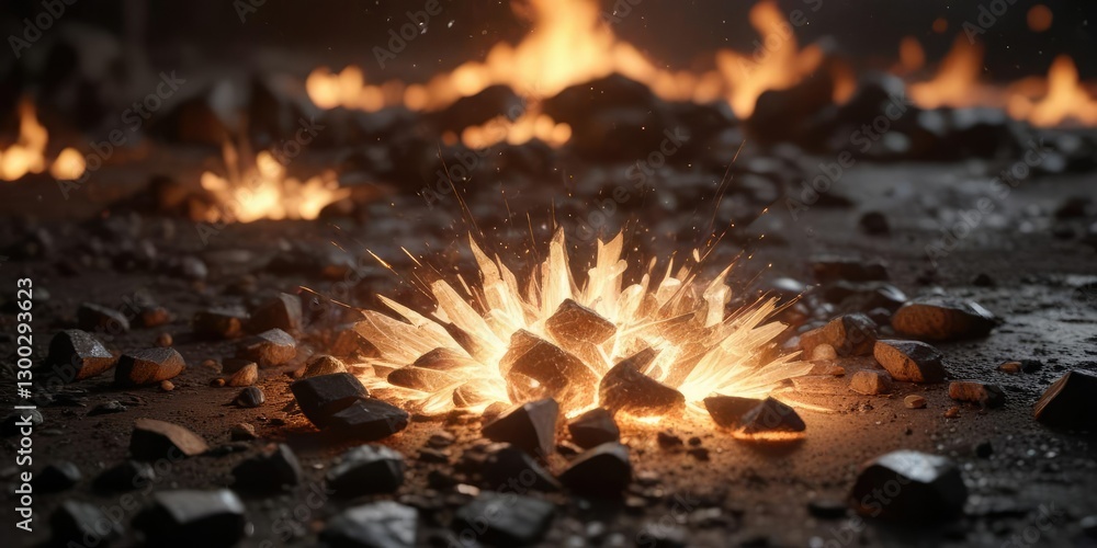 Fire-filled crystal shards bursting on dark ground, explosive formation, black floor, chaotic destruction Fire-filled crystal shards bursting on dark ground, explosive formation, black floor, chaotic destruction