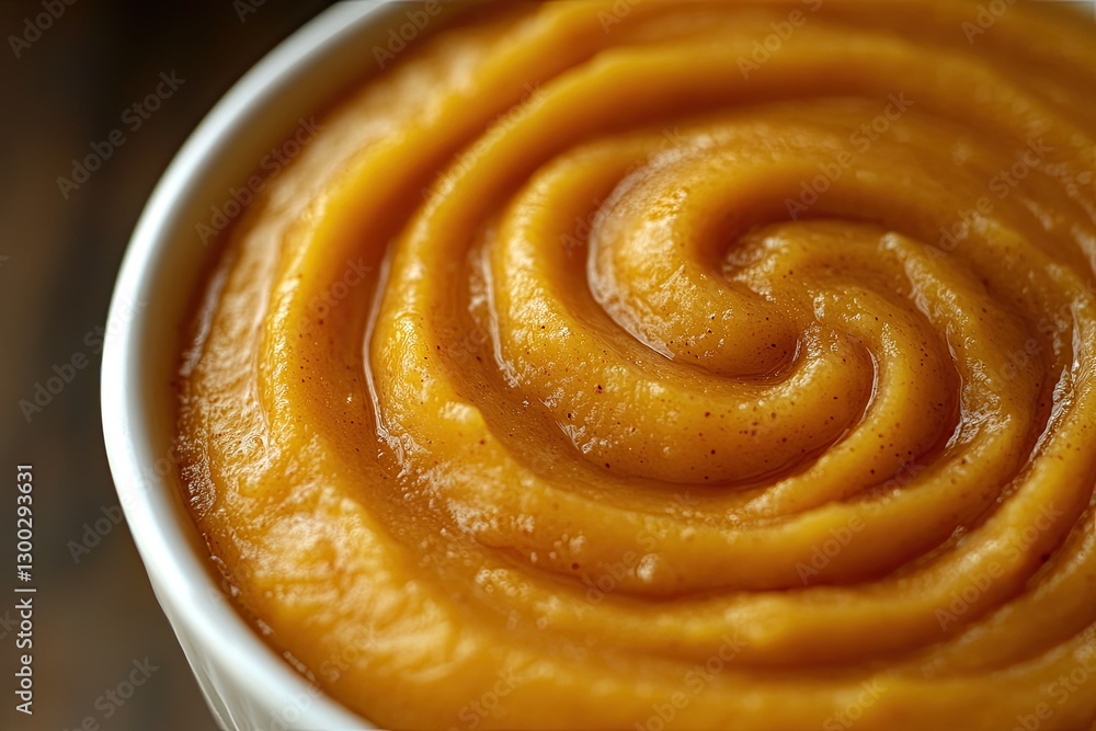 Closeup of Creamy Swirled Pumpkin Puree in a White Bowl Delicious Autumn Dessert or Healthy Baby Food Closeup of Creamy Swirled Pumpkin Puree in a White Bowl Delicious Autumn Dessert or Healthy Baby Food