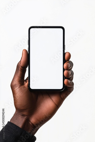 Black African single hand holding mobile phone with blank white screen against white background photo