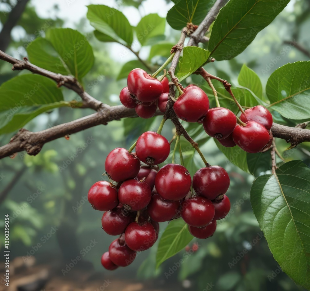 Fresh coffee cherries on the coffee plant branch, fruit, coffee bean, cherry Fresh coffee cherries on the coffee plant branch, fruit, coffee bean, cherry