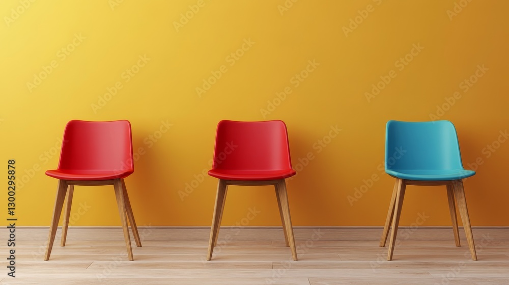Three chairs are lined up against a yellow wall Three chairs are lined up against a yellow wall