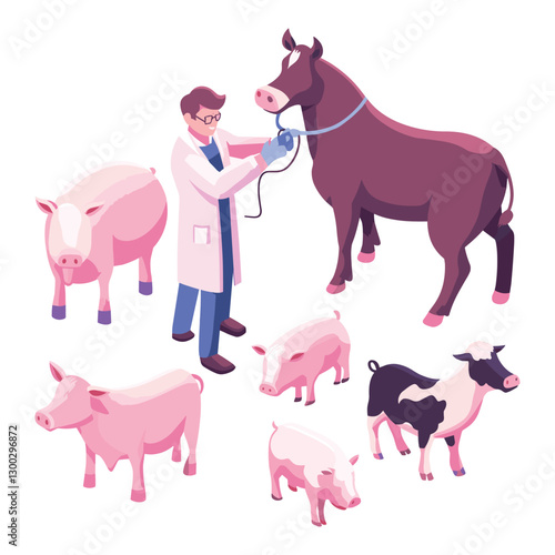 Isometric Veterinarian Checking Farm Animals