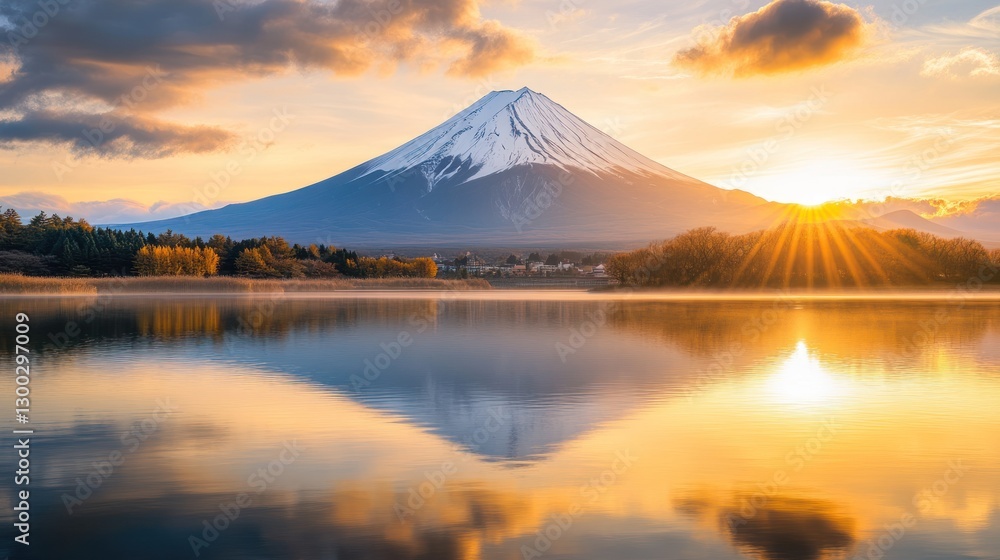 Majestic Mount Fuji at Sunrise with Reflection in Tranquil Water Majestic Mount Fuji at Sunrise with Reflection in Tranquil Water