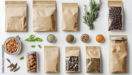 Spices and herbs laid flat on white background