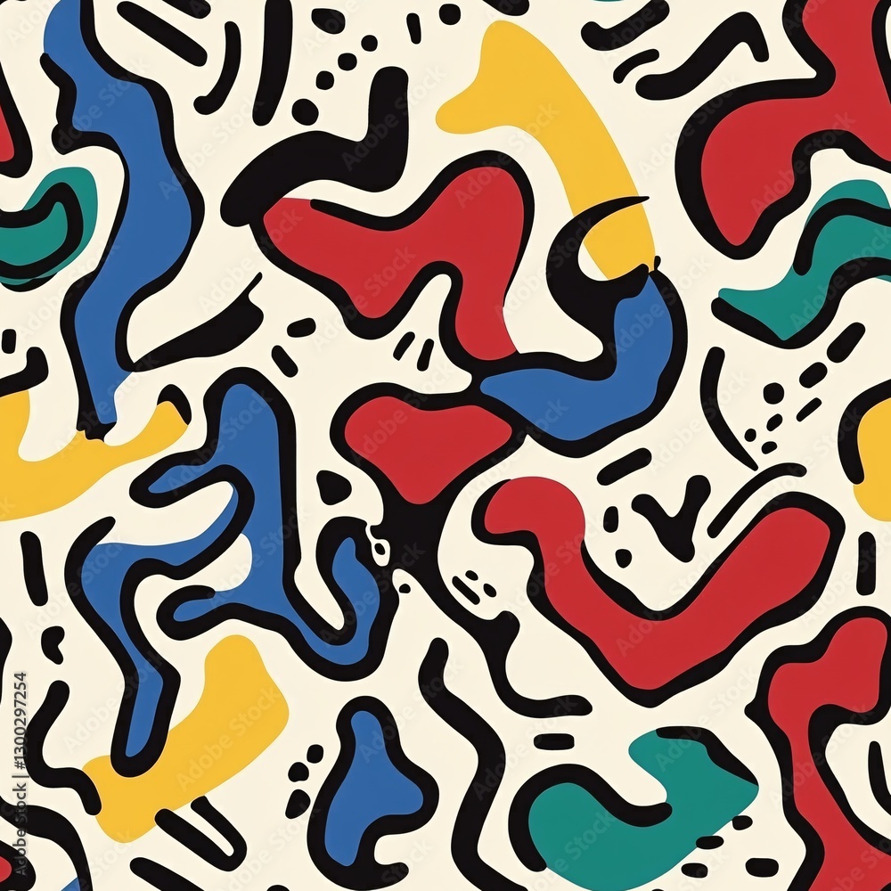Vibrant Memphis-Style Seamless Pattern with Playful Abstract Shapes and Squiggles Vibrant Memphis-Style Seamless Pattern with Playful Abstract Shapes and Squiggles