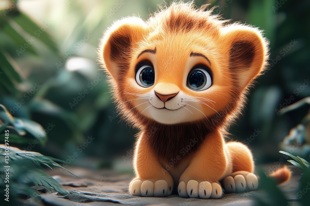 Obraz premium Cute cartoon baby lion sitting in a lush green jungle surrounded by foliage during daylight