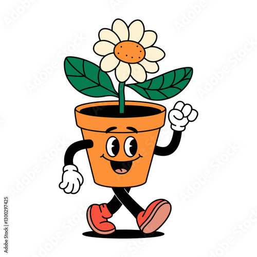 A cartoon character is walking in a pot with a flower. The character is smiling and he is happy