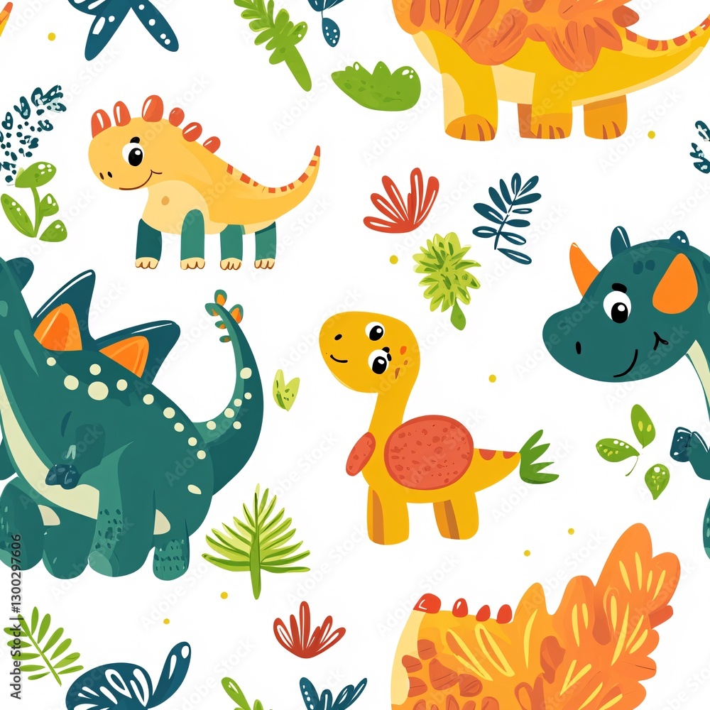 Fototapeta premium Dino Fun: Playful Dinosaur Seamless Pattern with Cute T-Rex, Stegosaurus, and Triceratops for Kids' Decor and Designs