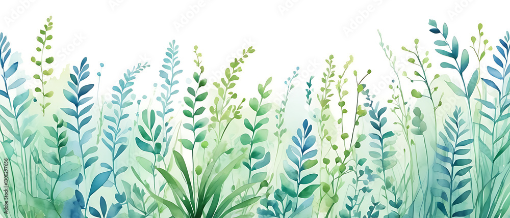 Obraz premium Watercolor Green and Blue Plants Border on White Background Illustration