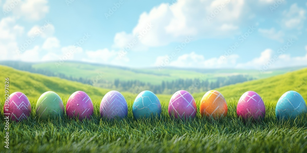 Colorful Easter eggs lined up on green grass against a beautiful landscape with fluffy clouds and rolling hills Colorful Easter eggs lined up on green grass against a beautiful landscape with fluffy clouds and rolling hills
