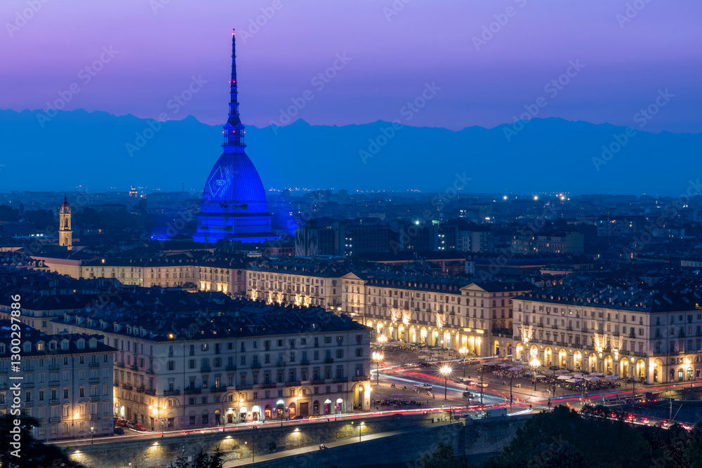 Naklejka premium Torino landscape with the iconic Mole Antonelliana and the Intesa Sanpaolo skyscraper.