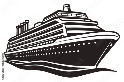 A black and white drawing of a cruise ship in the ocean