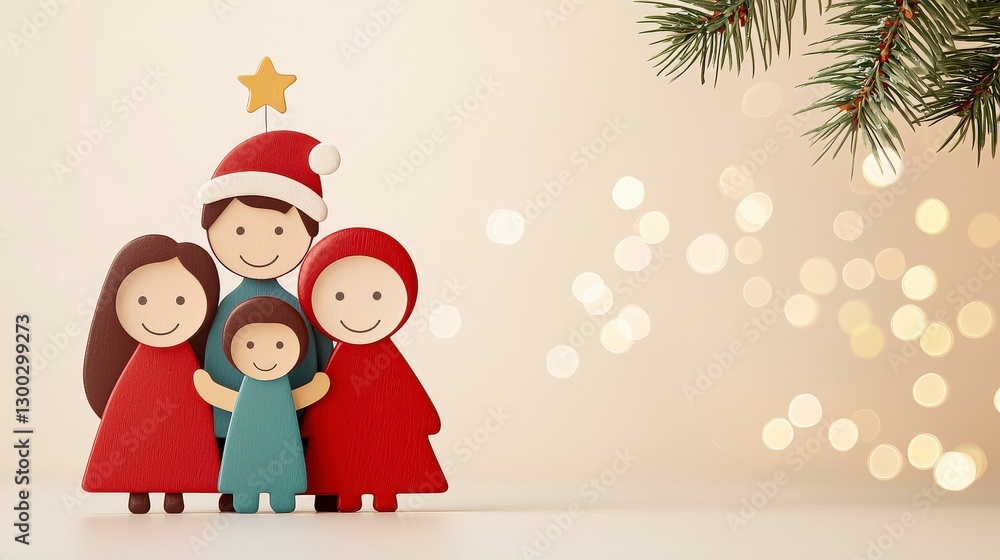 Cheerful Family Figurines in Festive Holiday Atmosphere with Christmas Decorations and Warm Lighting Effects Cheerful Family Figurines in Festive Holiday Atmosphere with Christmas Decorations and Warm Lighting Effects