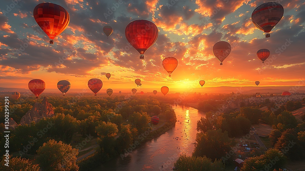 Naklejka premium Breathtaking Aerial View of Hot Air Balloons at Sunrise Over Scenic River Valley