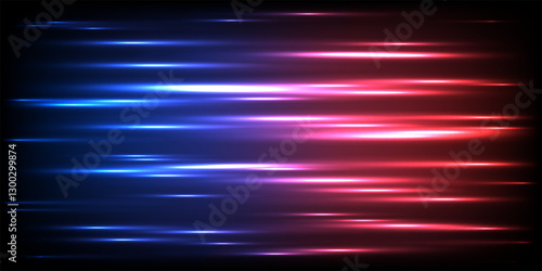 Red and blue neon light horizontal lines on black background. Dynamic glowing futuristic shiny pattern. Abstract vector illustration for tech, cyberpunk and graphic visuals.