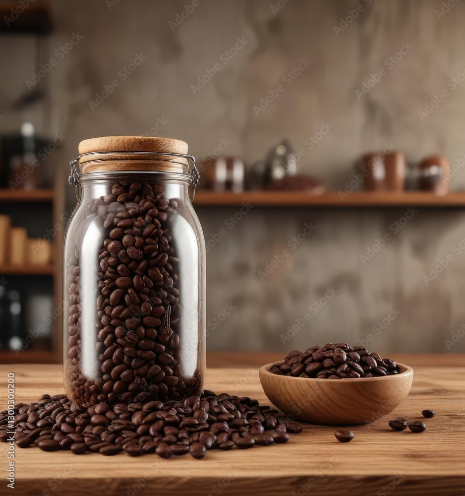 Coffee bean jar on a wooden grunge shelf with coffee beans scattered around, fragrance, natural elements, rustic decor Coffee bean jar on a wooden grunge shelf with coffee beans scattered around, fragrance, natural elements, rustic decor