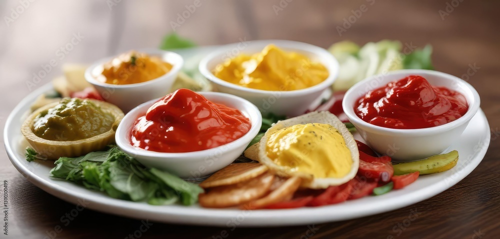 Colorful array of condiments on a plate with background blur, food accompaniments, mayonnaise, sriracha Colorful array of condiments on a plate with background blur, food accompaniments, mayonnaise, sriracha