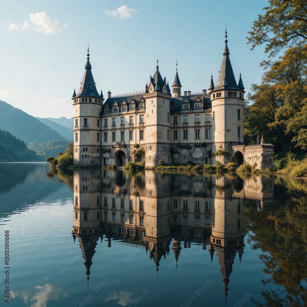 Reflecting Castle on Lake Waterscape with Mountains and Blue Sky Reflecting Castle on Lake Waterscape with Mountains and Blue Sky