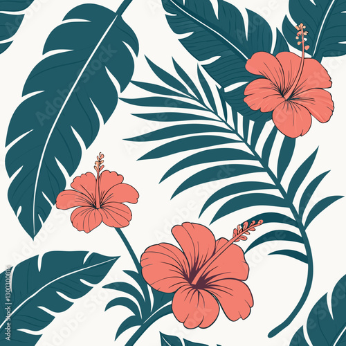 Luxurious seamless tropical pattern with lush teal banana leaves and coral hibiscus flowers, creating a vibrant and elegant design perfect for high-end stationery, textile applications, and summer-th