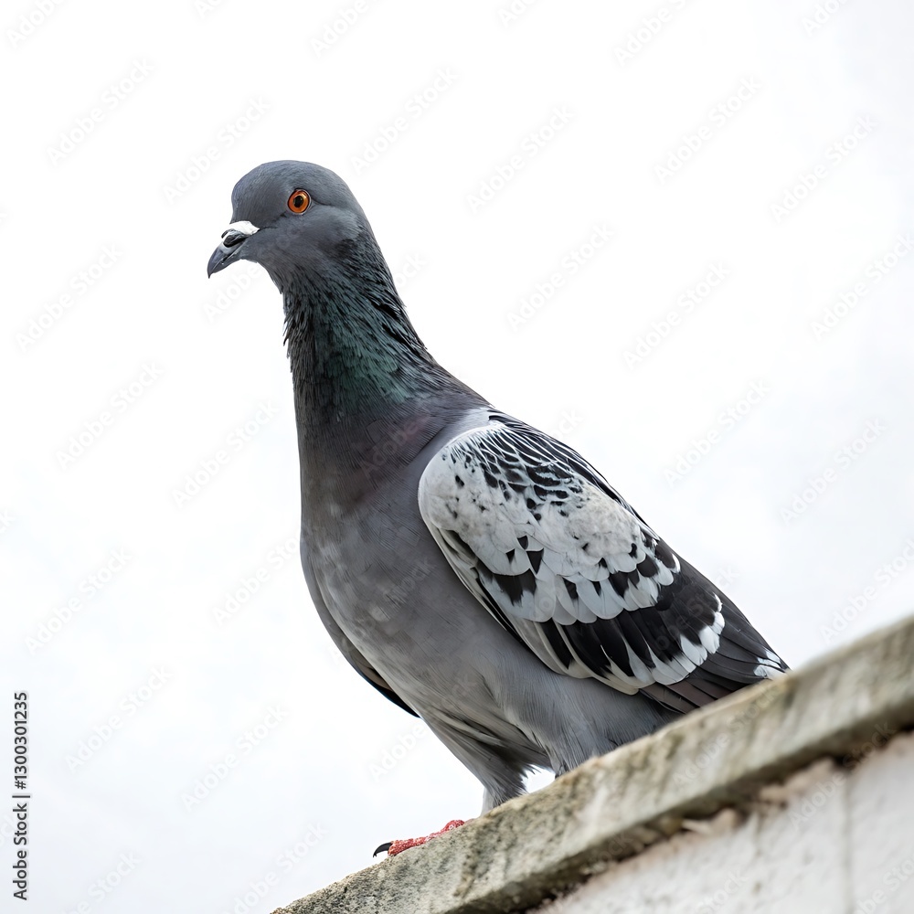 pigeon perched on a ledge, displaying its gray and white feathers and vibrant orange eye, against a white background pigeon perched on a ledge, displaying its gray and white feathers and vibrant orange eye, against a white background