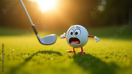 Funny Animated Golf Ball with Scared Expression on Golf Course
