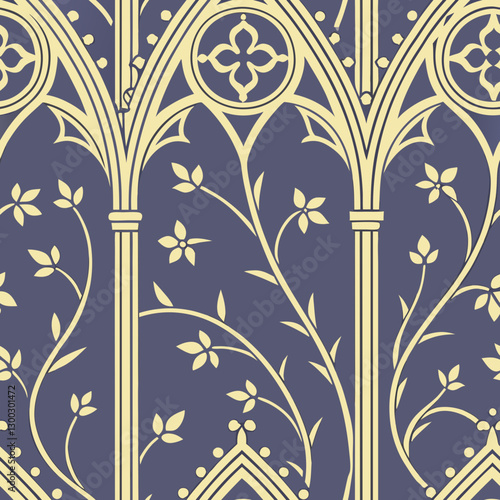 Luxurious seamless pattern with intricate golden Gothic arch motifs and delicate floral tracery on a periwinkle background, creating a regal and elegant medieval-inspired design perfect for high-end 