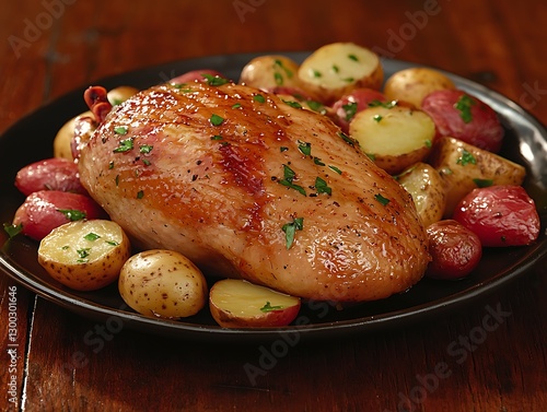 Roasted Chicken Breast with Potatoes on Dark Plate