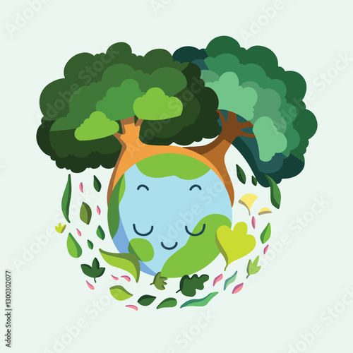 cute earth illustration world forest day flat icon cartoon illustration