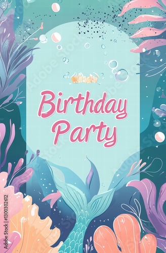 mermaid tail birthday party invitation, cute mermaid design, mermaid-themed birthday, under the sea design, pearls, and underwater elements