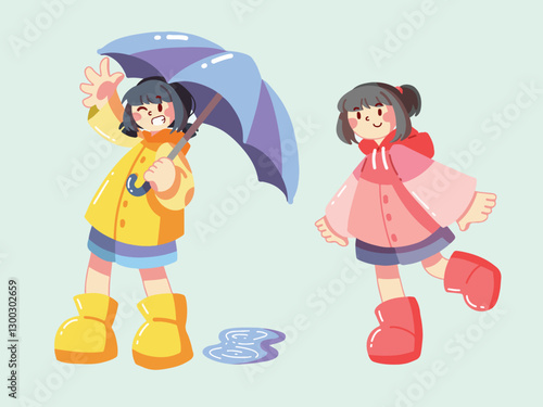 cute girl in rainy day flat illustration