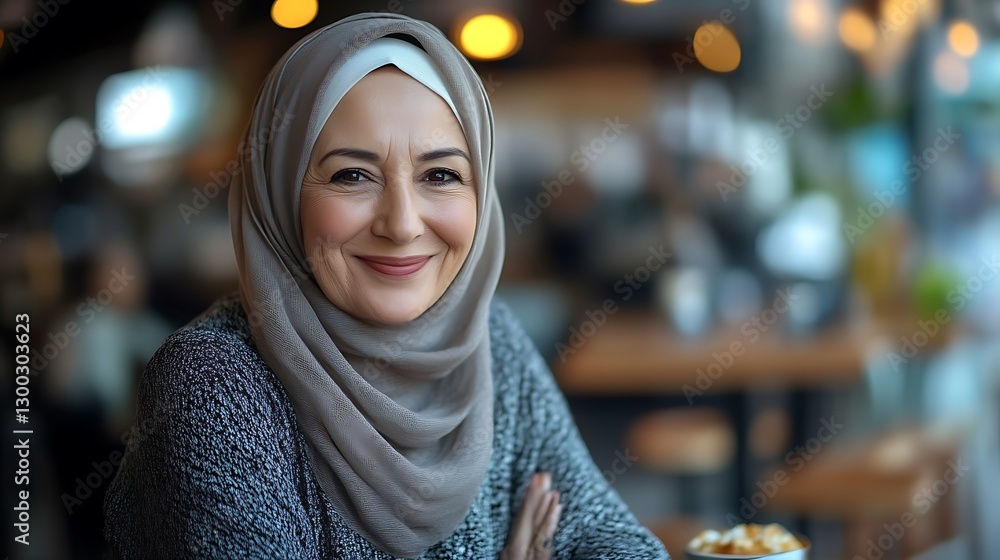 Woman smiles in cafe with blurred people Woman smiles in cafe with blurred people