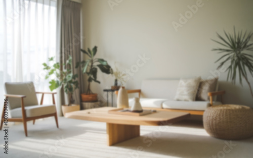 A serene and calm Japandi style living room interior with blurred aesthetics, ideal for virtual Zoom meeting video call backgrounds or wallpapers.

